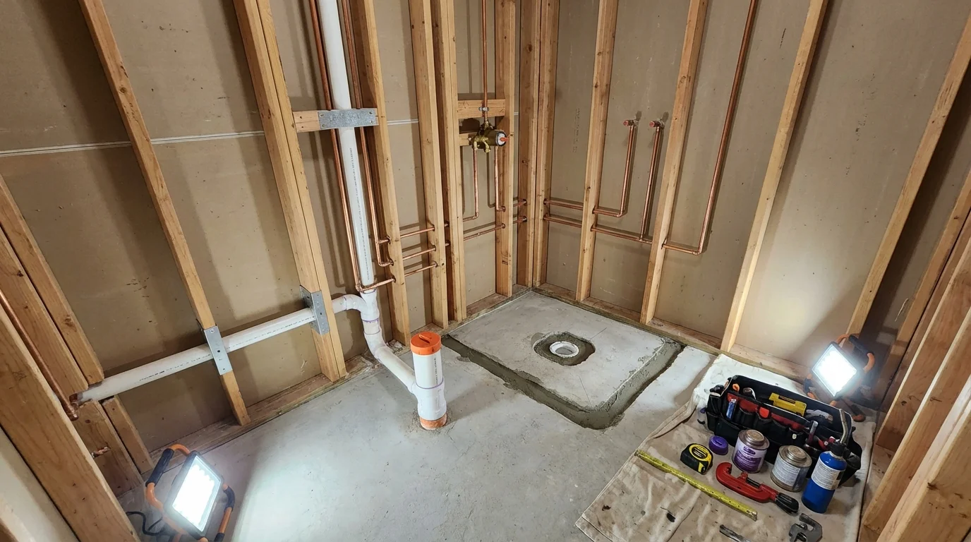 Bathroom rough-in plumbing during remodel by Johns Plumbing LLC in Monongahela
