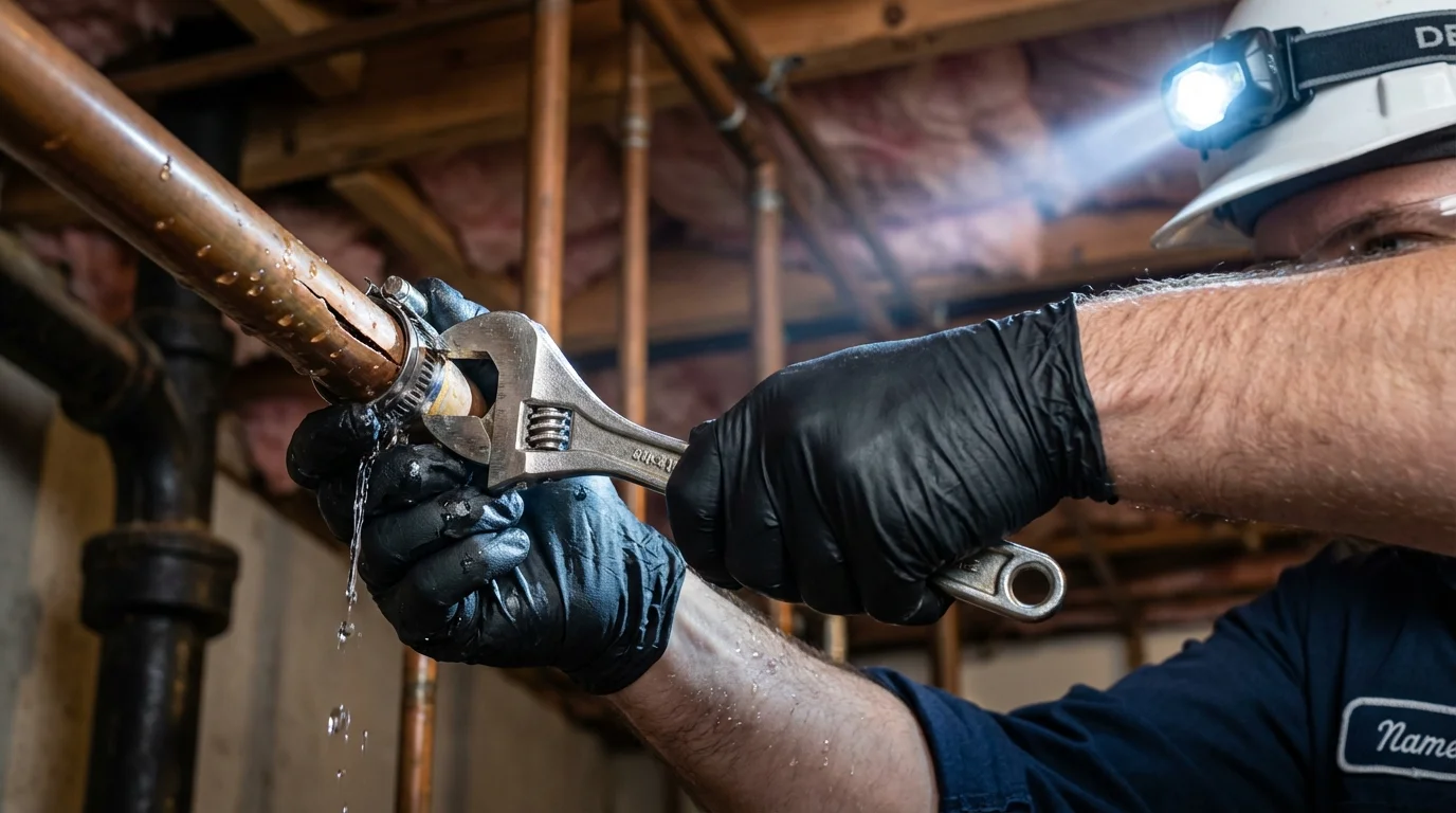 Emergency pipe clamp repair being performed by a Johns Plumbing LLC plumber in Monongahela