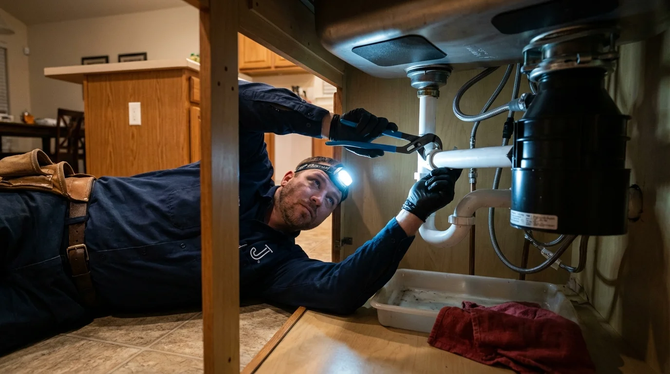 P-trap and supply line connections under a kitchen sink showing a common leak point in Monongahela, PA